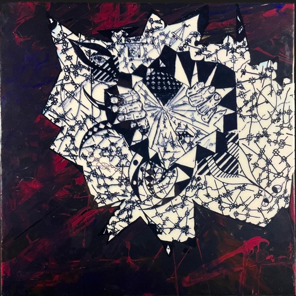 «Fuggire», 2024, opera materica in acrilici, pennarello, 50×50 cm