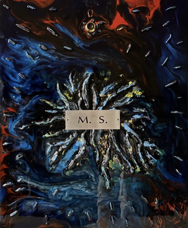 «La Casa di Mike», 2024, opera materica in acrilici, resina epossidica, creta, vetro, fibra ottica, alluminio, 50×70 cm