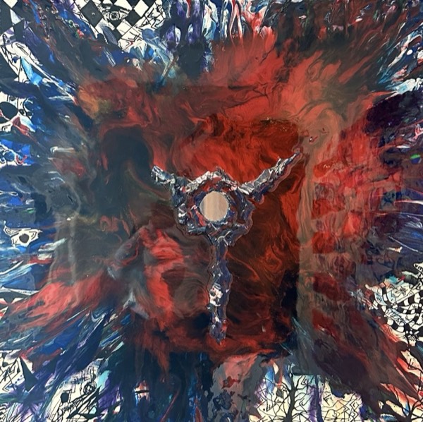 «Lu», 2024, opera materica in acrilici, resina epossidica, vetro, fibra ottica, 50×50 cm