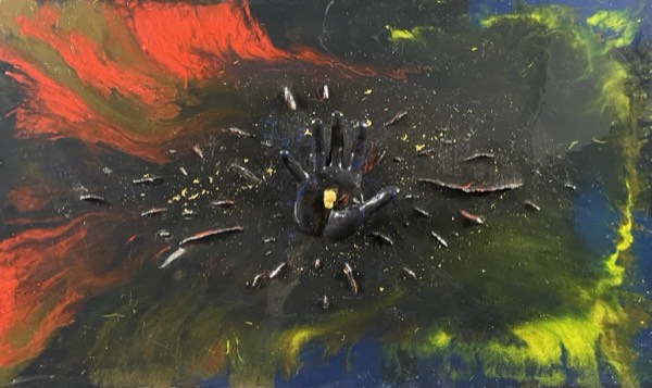 «Lasciarti andare», 2023, opera materica in acrilici, resina epossidica, gesso, oro, 100×70 cm