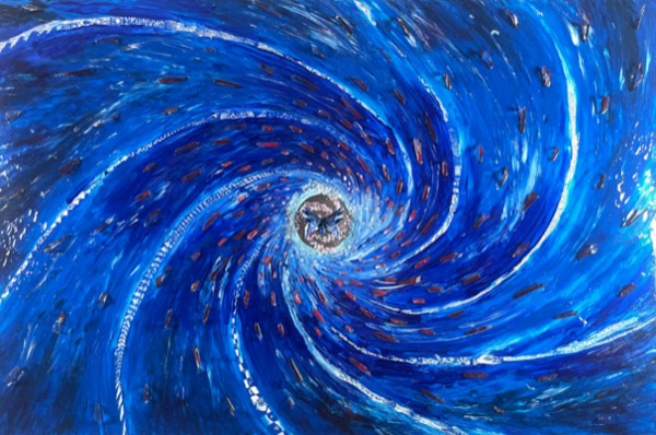«Vertigine», 2025, opera materica in acrilici, pennarello, resina epossidica, vetro, carta, fibra ottica, acciaio, 150×100 cm